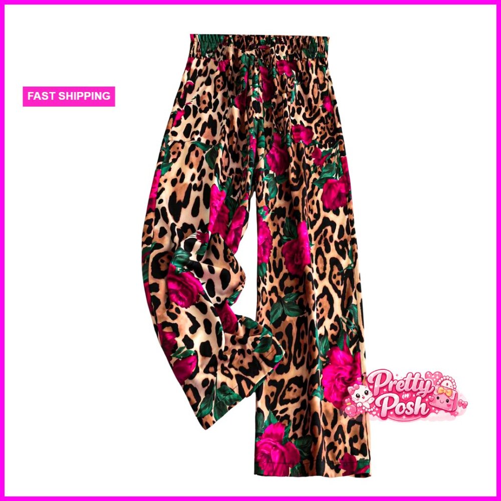 Leopard Floral Print Wide Leg Palazzo Pants Elastic High Waist